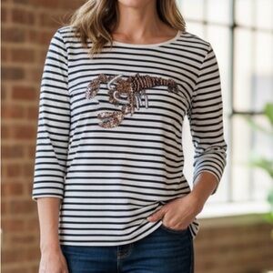 Talbots Black and White Striped Embellished Lobster 3/4 Sleeve Top Size Small